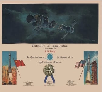 1975 NASA Certificate of Appreciation presented to S.D. Finley for contributions to the Apollo-Soyuz Mission