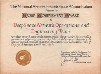 1977 NASA Group Achievement Award certificate for the Deep Space Network Operations and Engineering Team supporting the Viking Mission