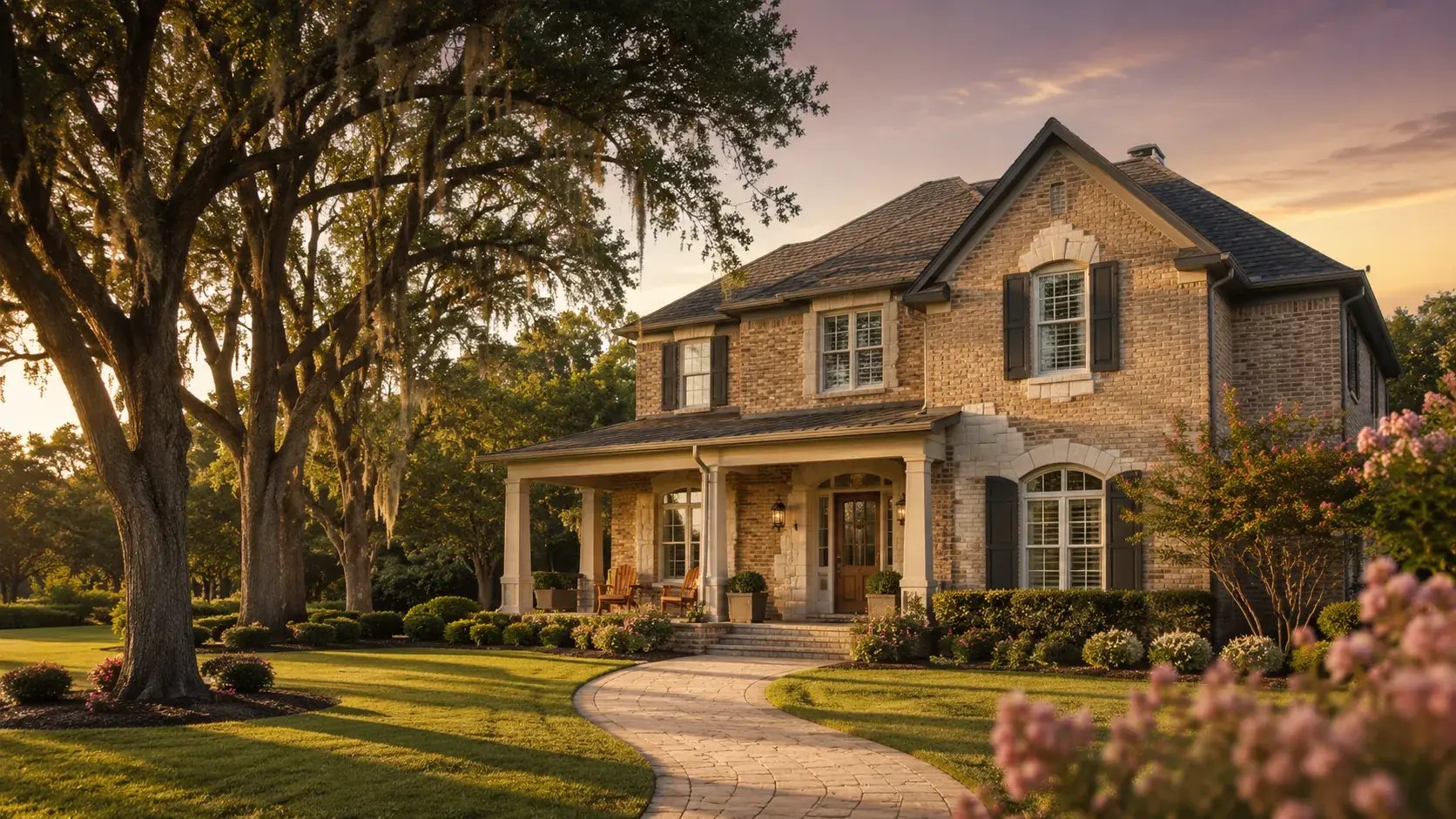 A two-story brick traditional home in the Houston area at golden hour with mature live oaks framing the property