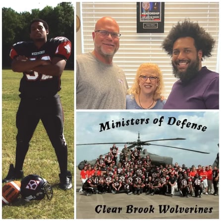 Charles McDade as a Clear Brook Wolverines football player Number 52, with Coach Garrison and the Ministers of Defense team