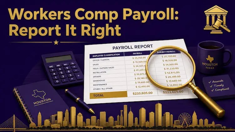 Deep_purple_and_gold_workers_comp_payroll_blog_header_with_Houston_skyline_and_audit_document_theme