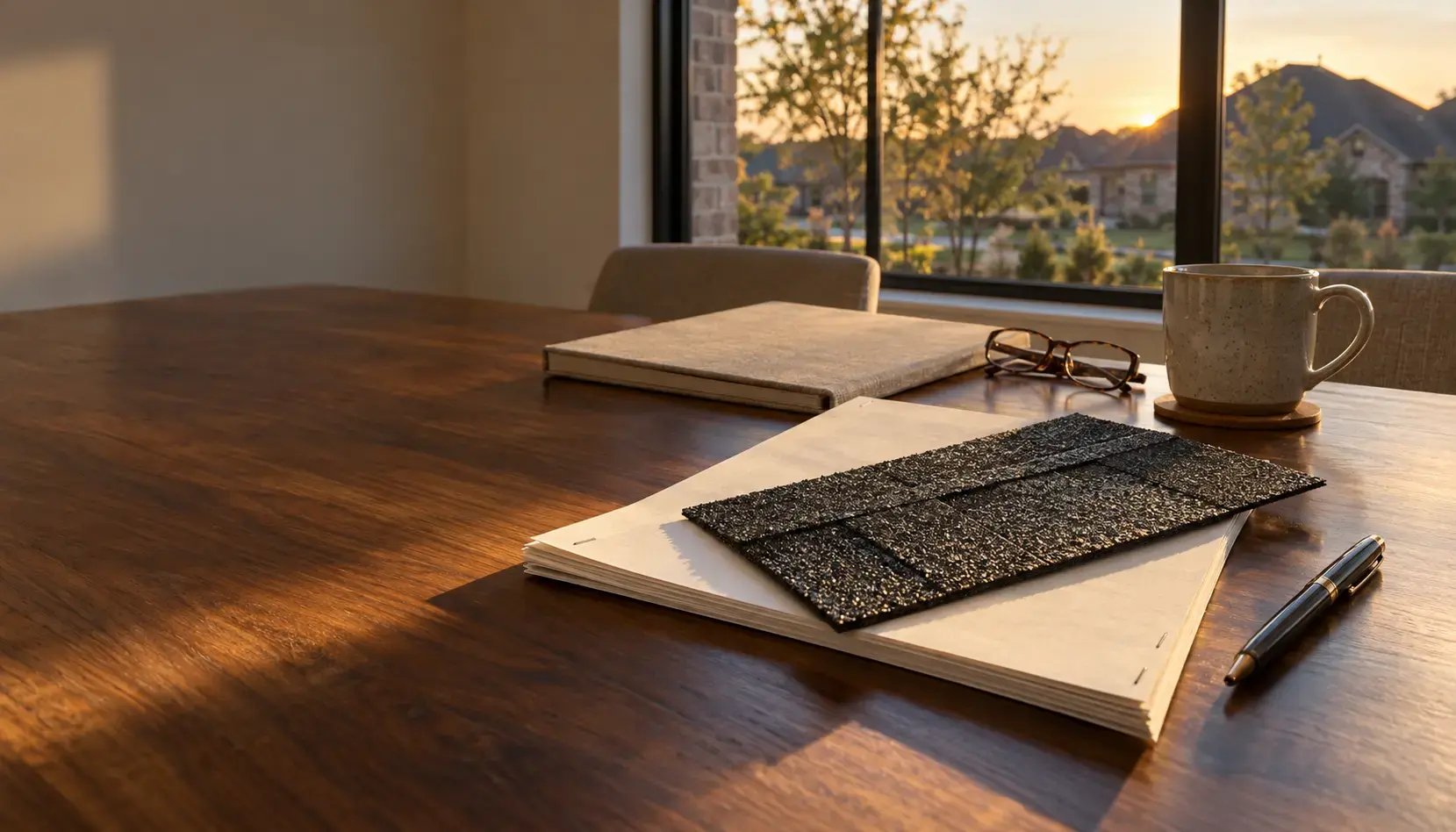 A charcoal roofing shingle sample resting across the corner of a renewal packet on a walnut breakfast table, the neighboring roofline catching late afternoon sun through the window