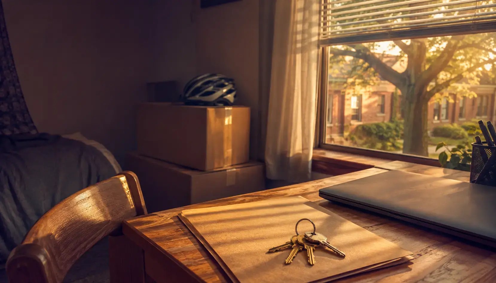 Move-in boxes, a laptop, and apartment keys resting on a lease folder in a Texas student rental at golden hour