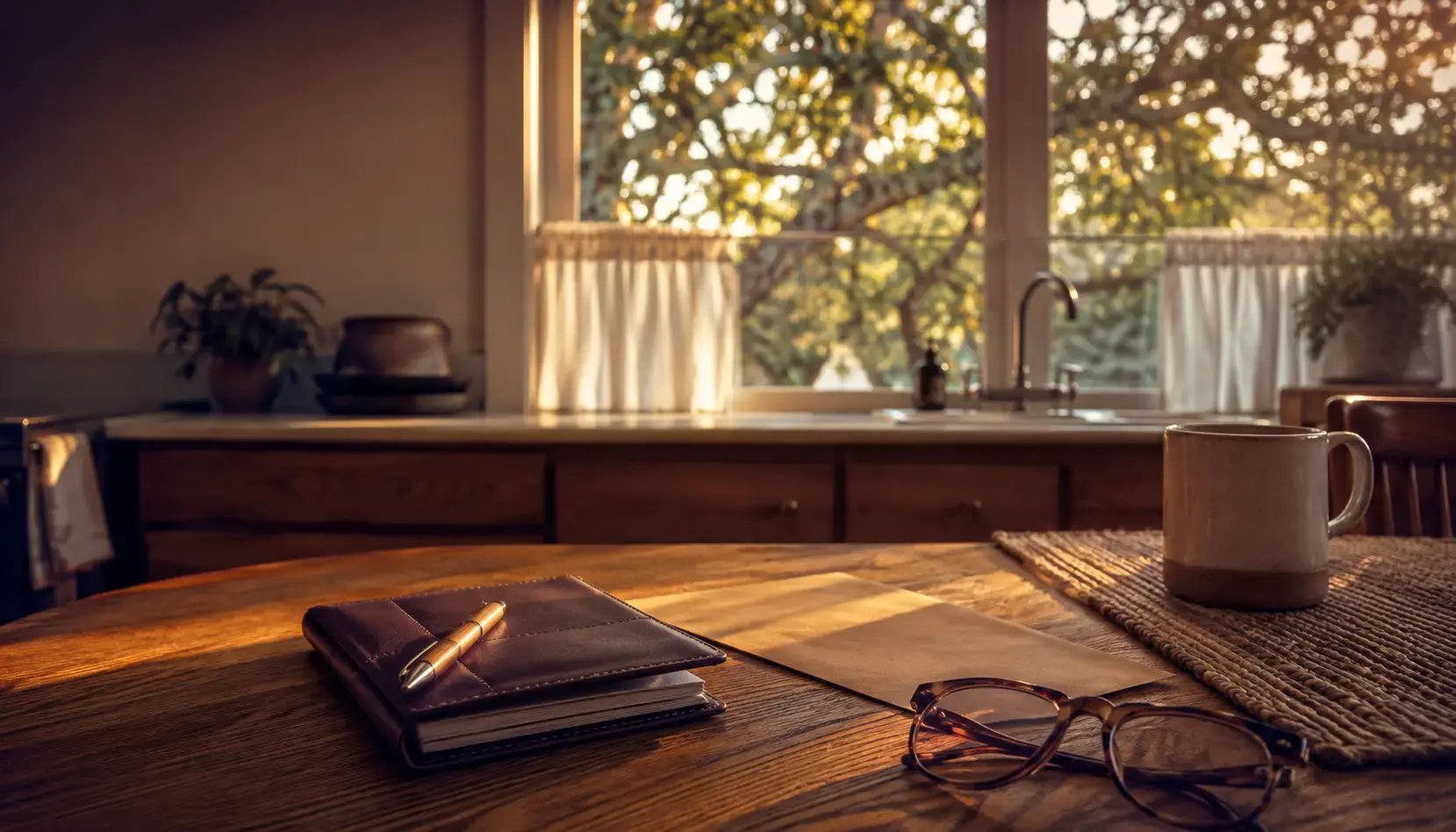A renewal envelope, closed checkbook, pen, and reading glasses on a Texas kitchen table at golden hour