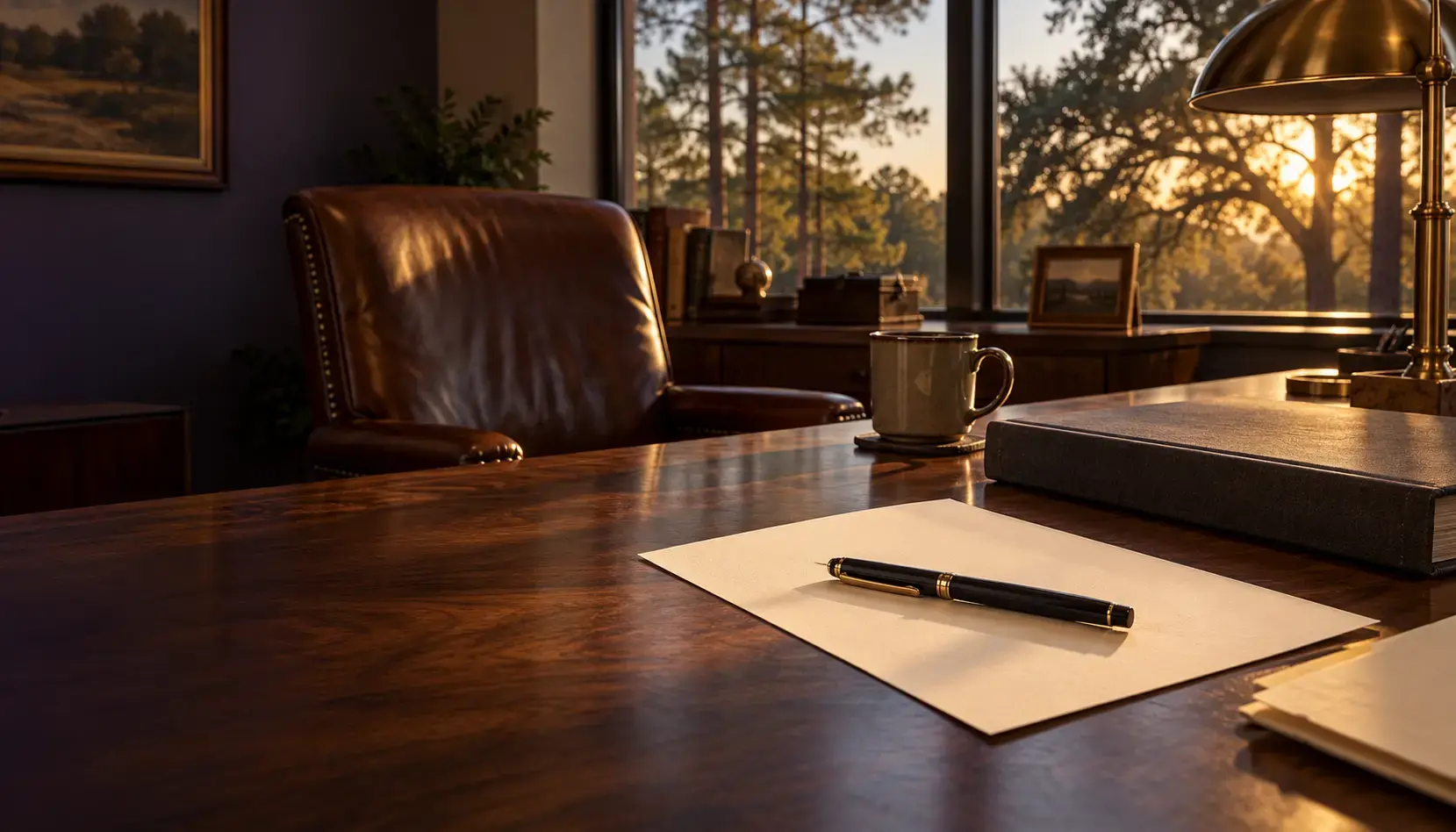 A capped fountain pen resting across a single page on a walnut desk beside a closed charcoal policy binder, late afternoon window light in a business office in Spring