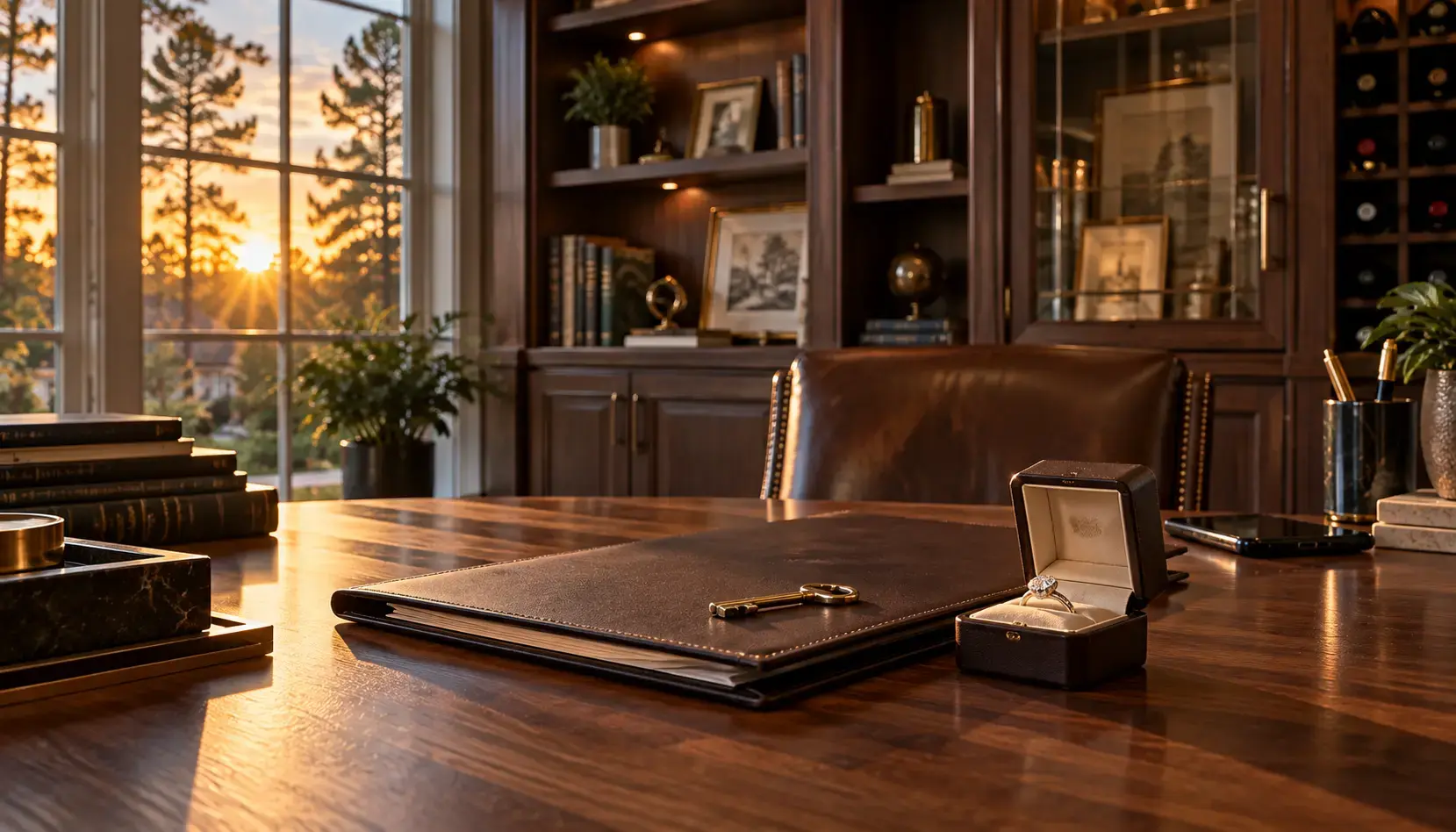 Golden hour light in a Klein area study, an open leather ring box and a closed appraisal folder with a brass key on a walnut desk, bookcases and a wine rack behind