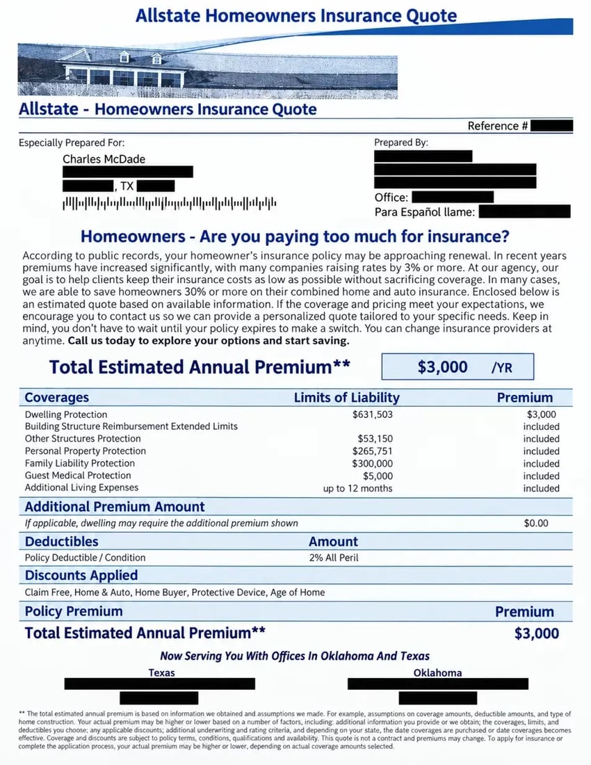 A mailed home insurance estimate showing a 3,000 dollar annual premium, coverage limits, a 2 percent deductible, and five assumed discounts, with names and addresses blacked out