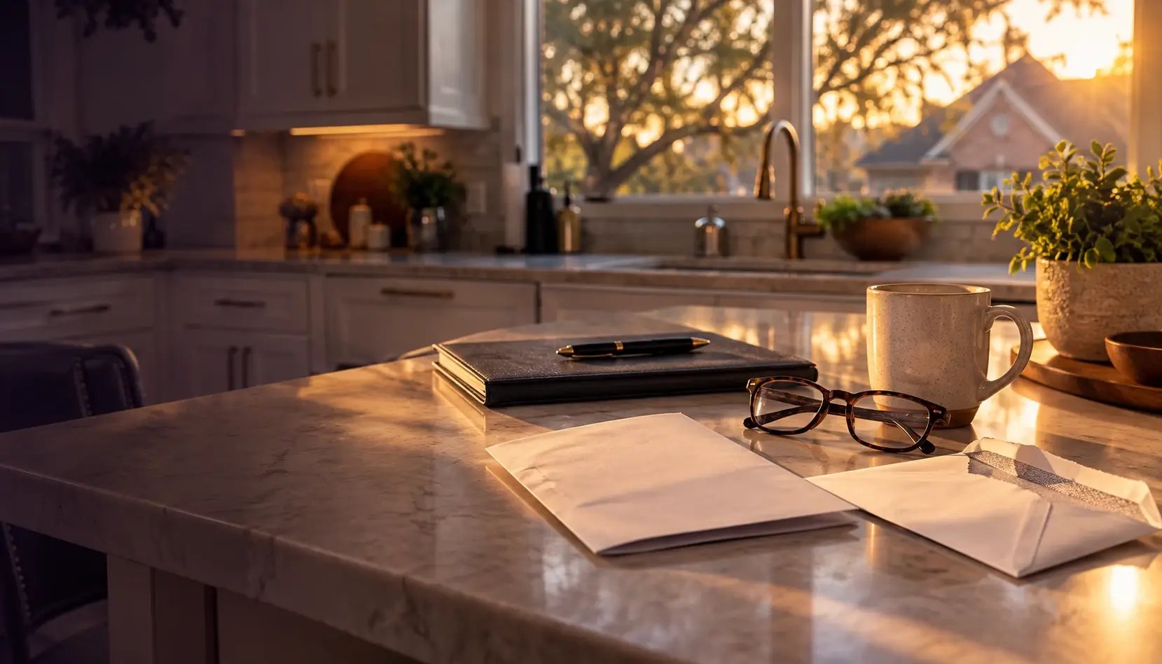 A tri-folded letter lying face down beside its torn window envelope on a kitchen island in a Spring, Texas home, reading glasses set down and a closed policy folder nearby