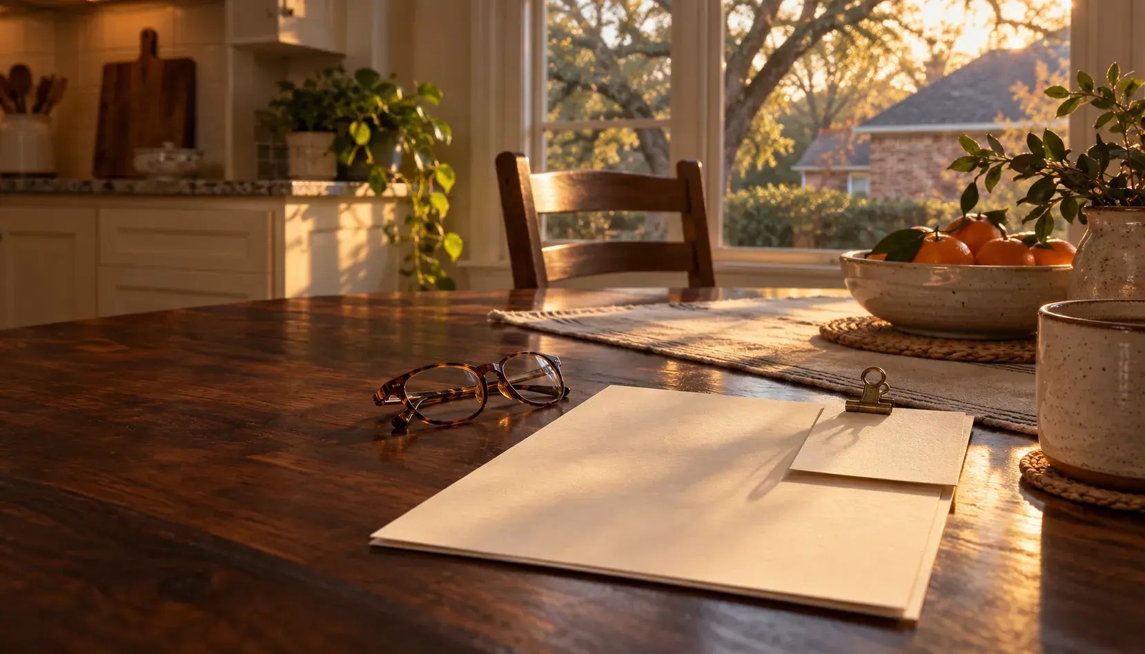 Golden hour across a walnut kitchen table in Spring, a declarations page with a paid roofing receipt clipped to one corner, both turned so no words resolve, reading glasses folded beside them, and a brick roofline under a live oak through the window