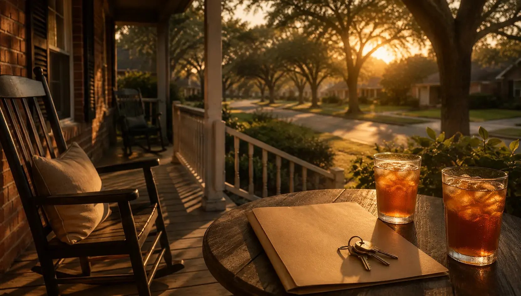 A Houston front porch at golden hour looking down a live oak street, a policy folder and keys on the porch table