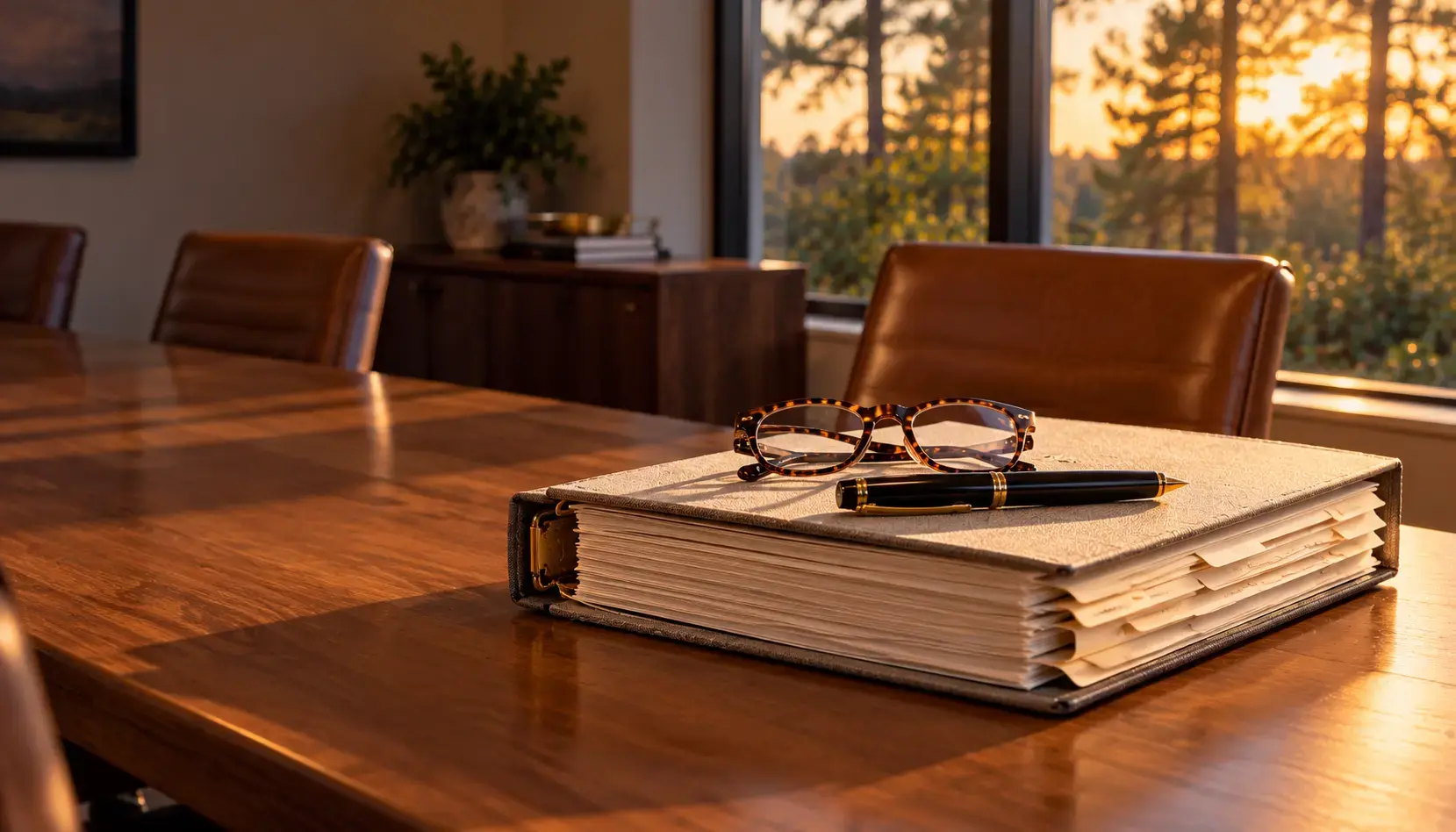 A tabbed submission binder squared on a walnut conference table with a capped pen and reading glasses on top, one leather chair pulled out, late afternoon light in an office in Spring