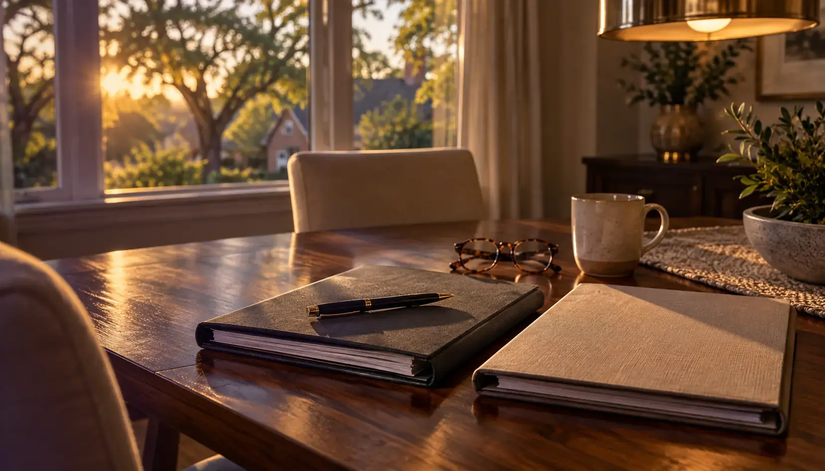 Two closed policy folders side by side on a walnut dining table in a Spring, Texas home, one slightly open with a pen across it, reading glasses set down between them