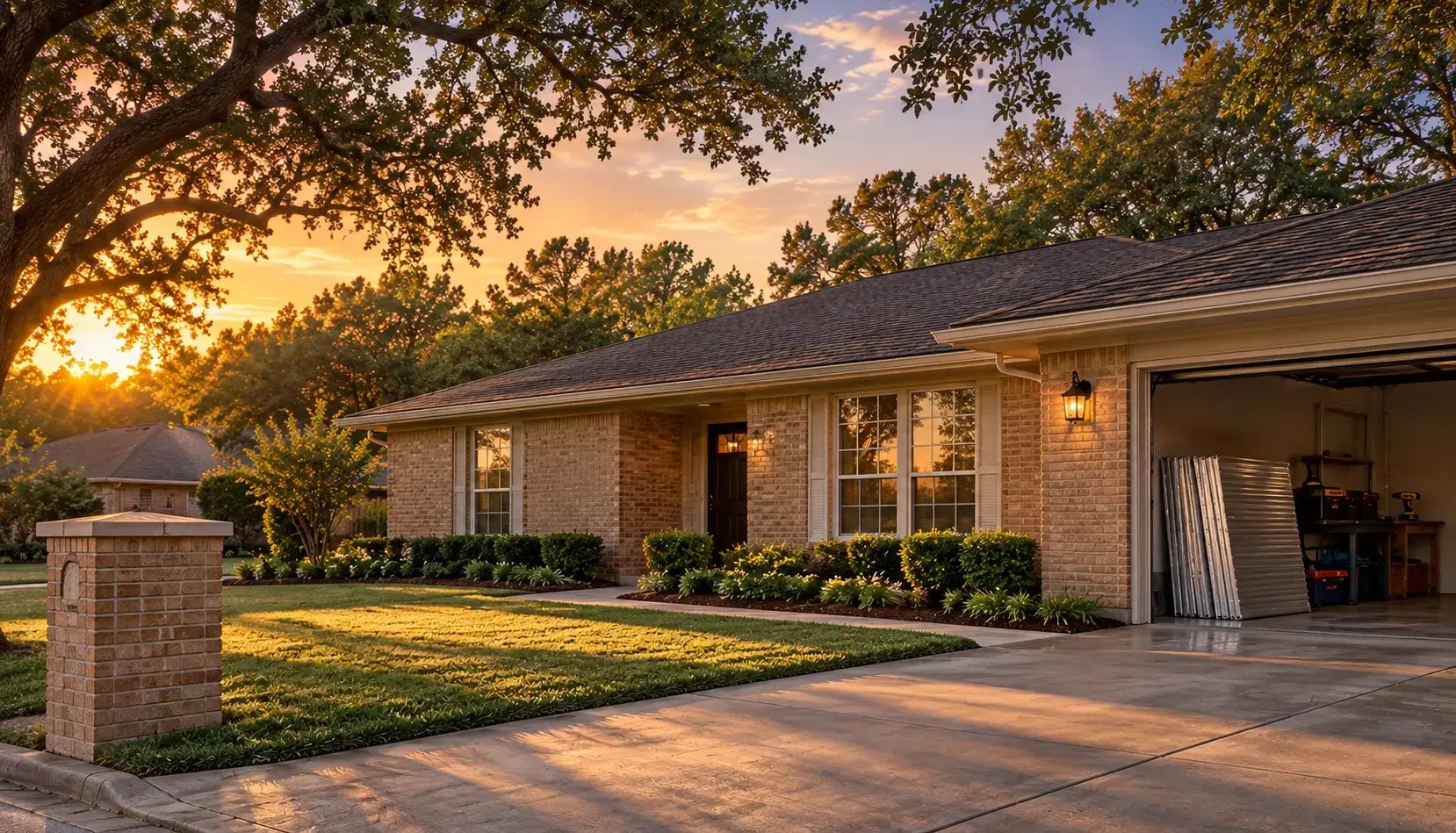 Golden hour light on a one-story brick ranch in Clear Lake, Texas, the garage open with a neat stack of aluminum storm panels and a freshly flashed front window