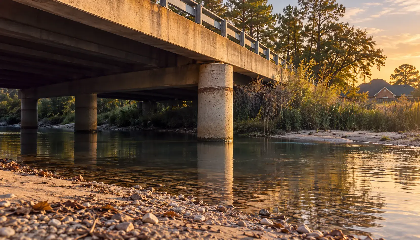 Golden hour at a Cypress Creek crossing north of Houston, the creek low and glassy beneath the bridge, a dark high-water stain across the concrete piling well above the sandbar, cattails and a gravel bar in the foreground, pines and a subdivision rooftop beyond