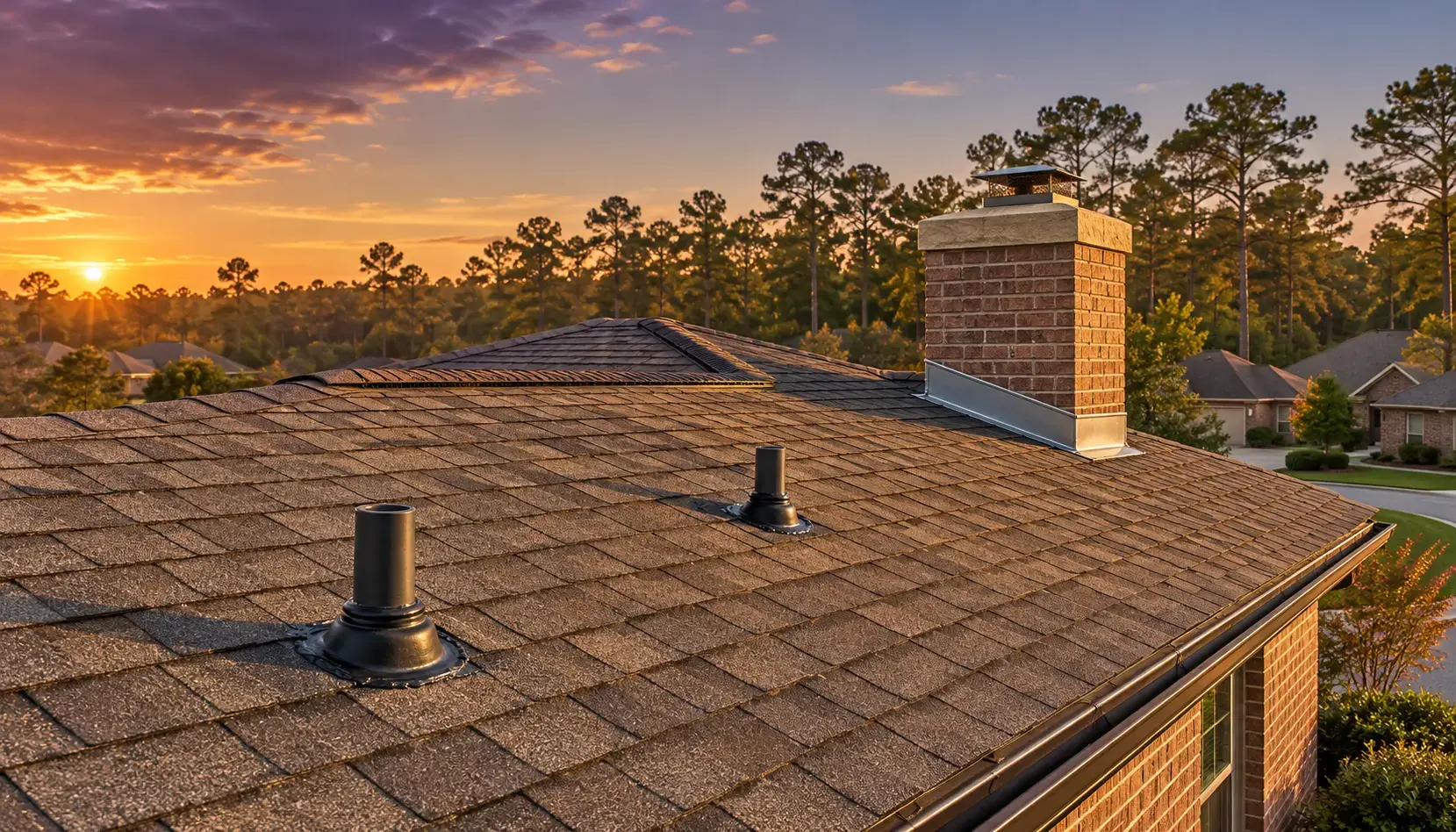 Golden hour light on the roof plane of a one-story brick home in Spring, architectural shingles ten years in, a limestone-capped chimney, loblolly pines behind the ridge