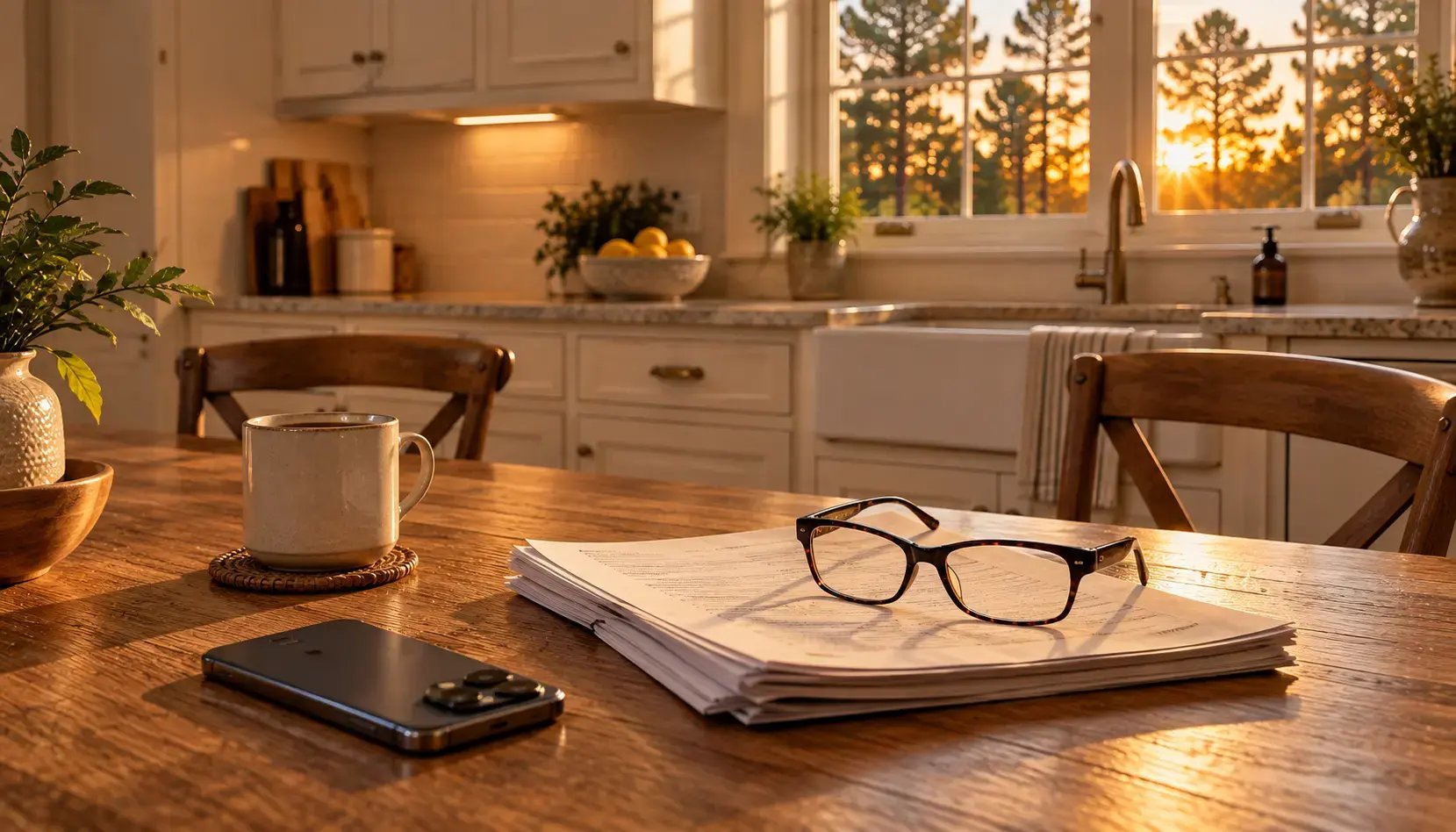 Golden hour light across a kitchen table in a Spring brick home, a phone face down beside a folded policy packet and reading glasses, loblolly pines beyond the window