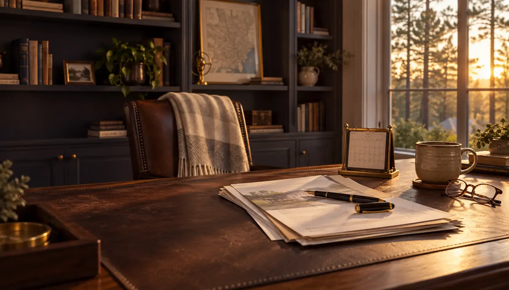 Golden hour light across a walnut home office desk in a Spring home, a renewal packet with its pages fanned, a desk calendar, reading glasses, and a pen, the year a family brings its price up to date