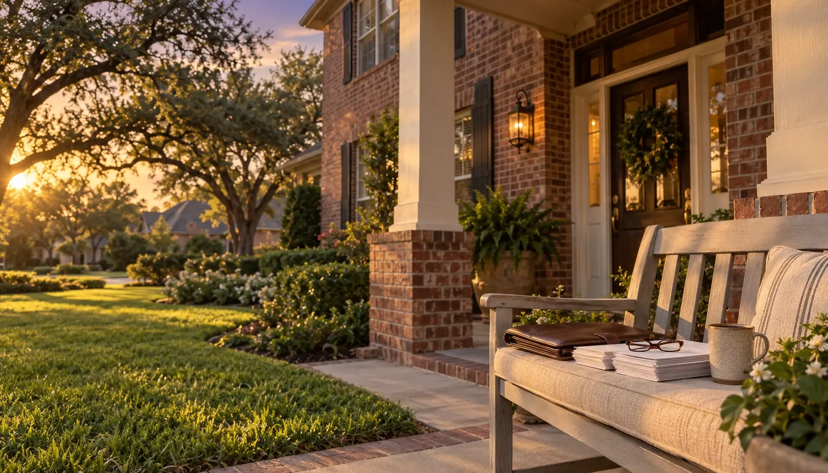 Brick two-story Houston-area home at golden hour, porch light on, with a folder of papers and reading glasses on the porch bench