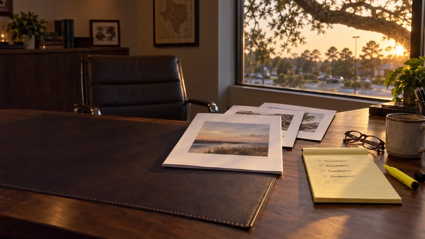Golden hour light across a broker's desk in Spring, three quote packets fanned so no words resolve with one pulled forward, a legal pad with a short handwritten list, a highlighter, reading glasses, and a stoneware mug, a live oak limb crossing the window behind