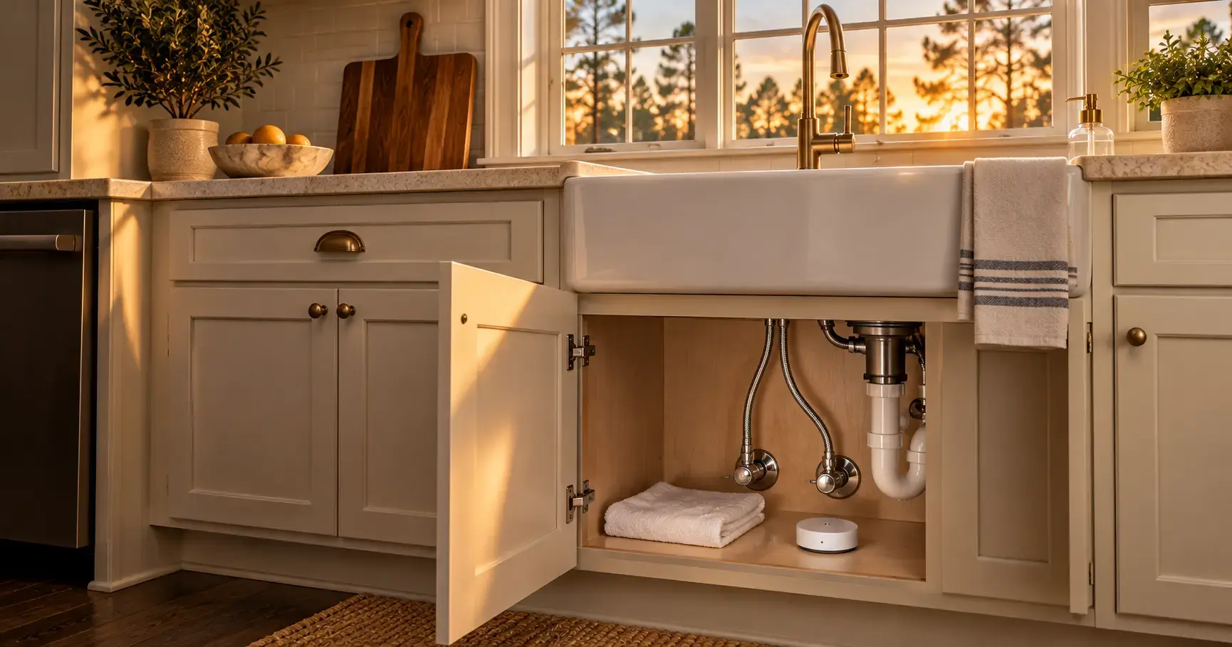 Golden hour light in a Klein area kitchen, the cabinet under the farmhouse sink open to show new braided steel supply lines, a folded towel, and a small leak sensor