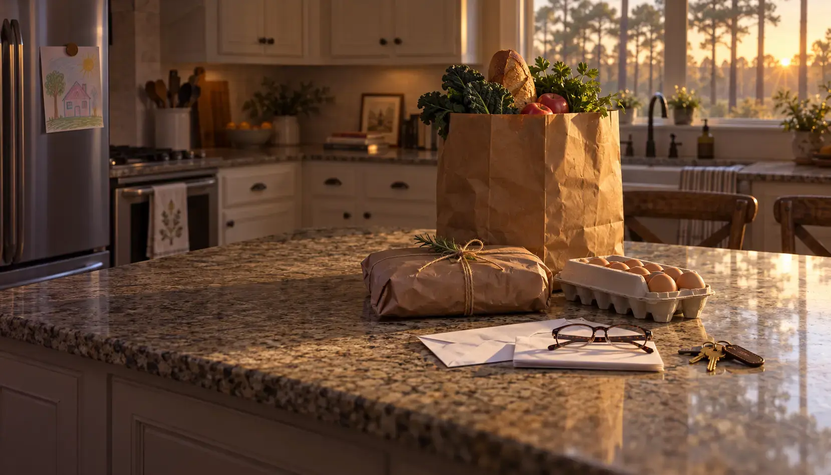 Golden hour light across a kitchen island in a Spring home, a slit renewal envelope and folded letter beside a grocery bag, a butcher paper parcel, a carton of eggs, and reading glasses