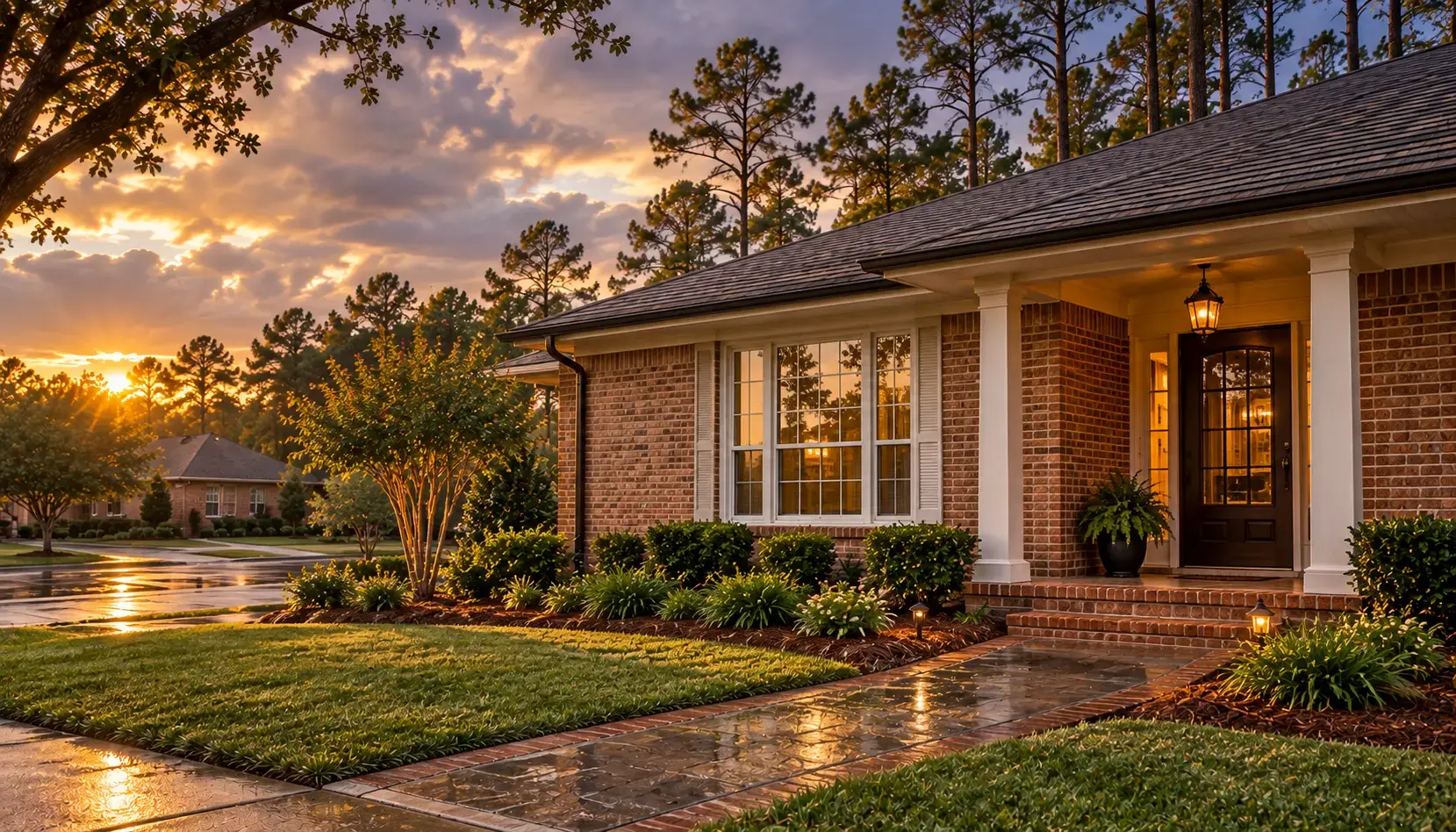 Golden hour after rain on a one-story brick home in Kingwood, Texas, a fresh caulk line along a wet brick windowsill and a raised brick landing at the front door, pines behind