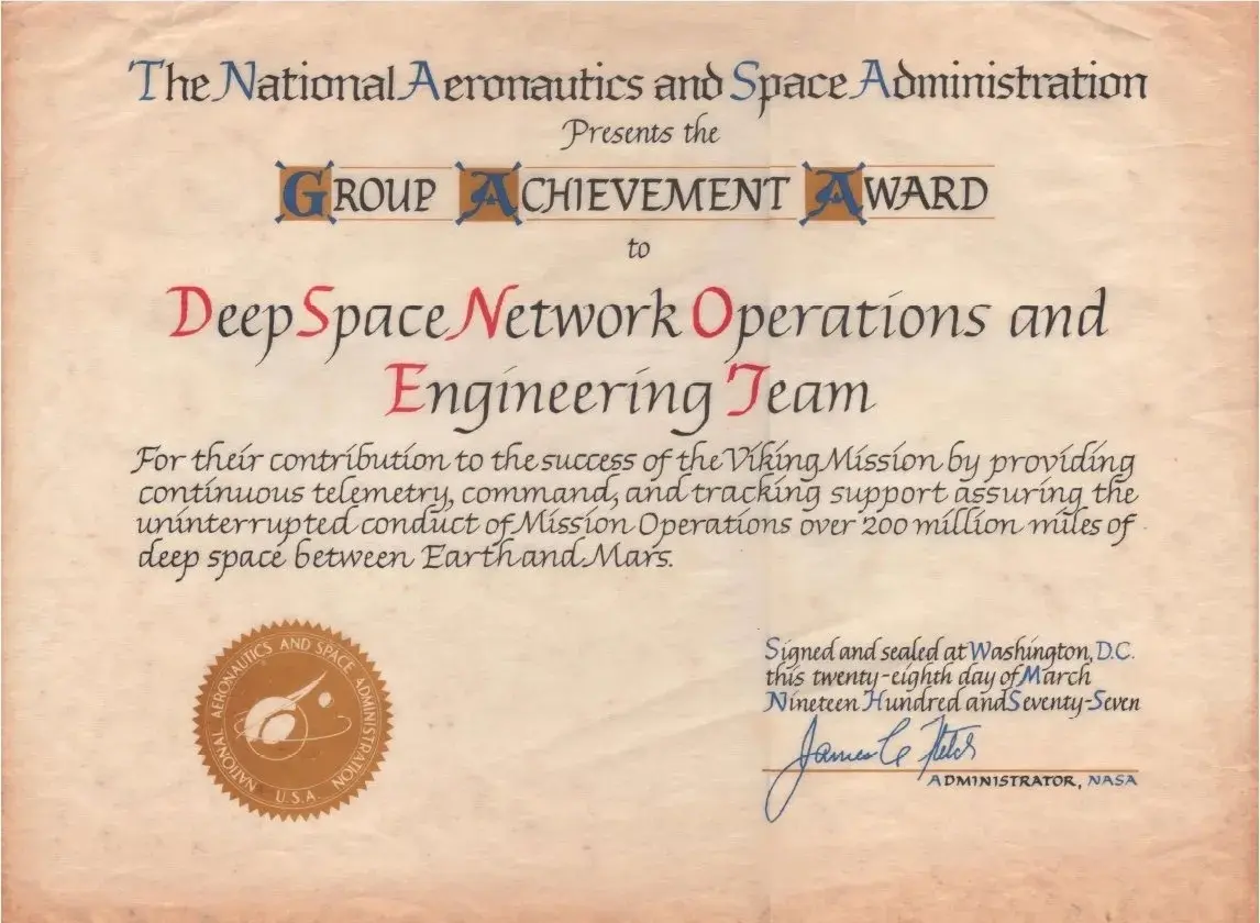 1977 NASA Group Achievement Award certificate for the Deep Space Network Operations and Engineering Team supporting the Viking Mission