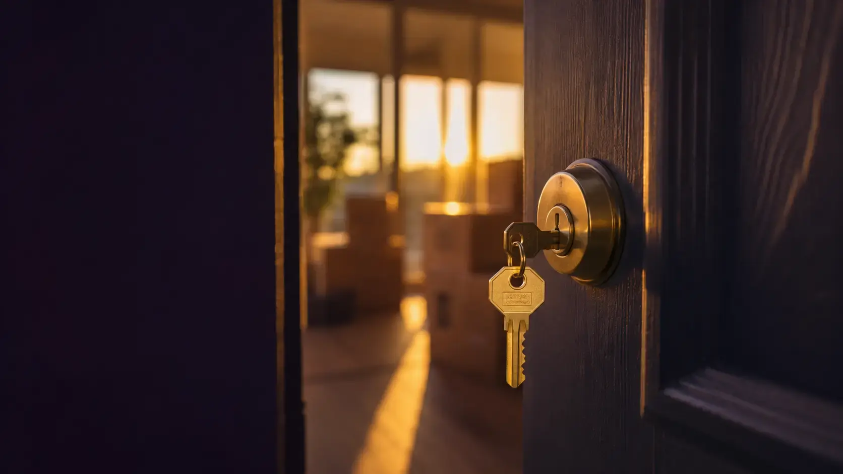A house key in a front door lock with moving boxes softly visible through the glass at golden hour in Houston