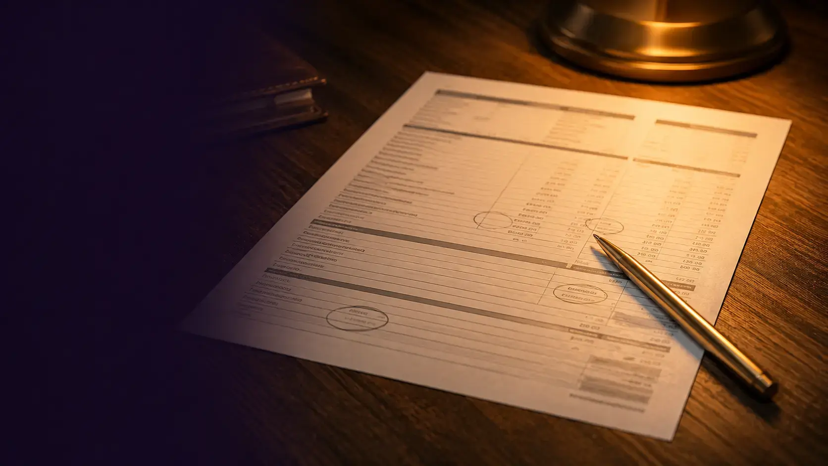 A single home insurance declarations page on a desk under warm lamp light with a gold pen resting on it