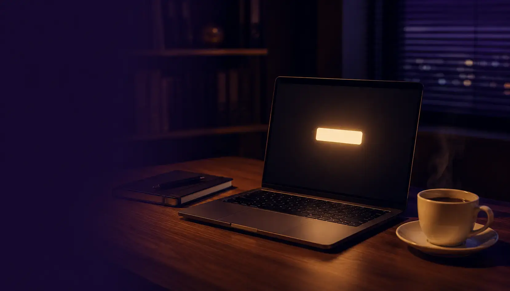 A single unopened email notification glowing on a laptop screen in a dim office, coffee cup beside it