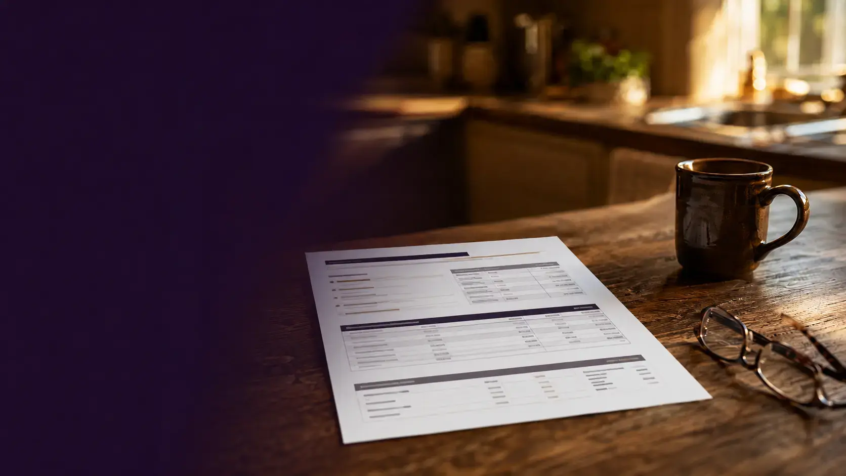 Mortgage escrow analysis statement on a Houston kitchen table beside reading glasses and a morning coffee