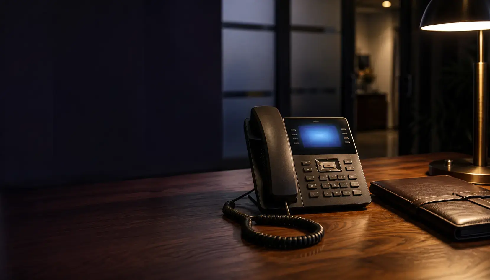 A ringing desk phone in a quiet law office at dusk, its screen glowing with an incoming call