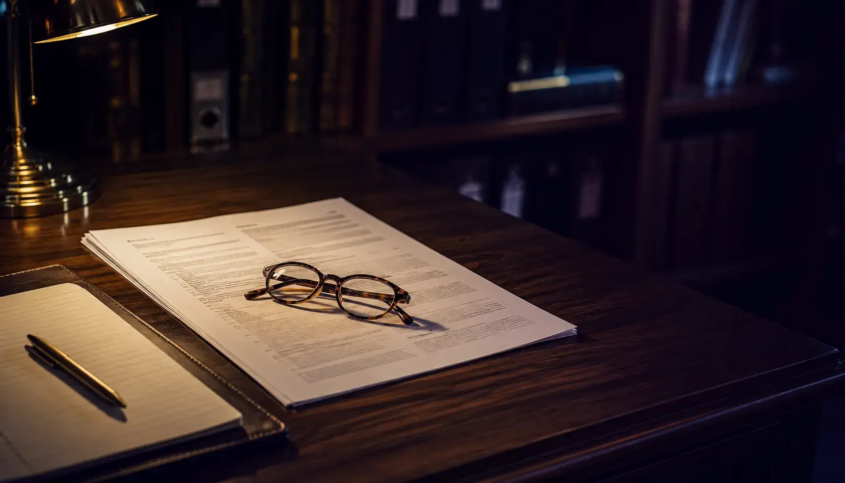 A printed government advisory on a walnut desk beside reading glasses and a legal pad, lit by a single desk lamp