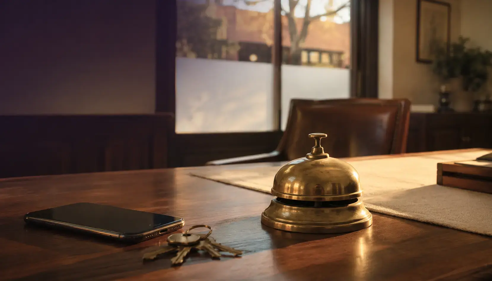 A vintage brass counter bell beside a face down phone and house keys on a walnut desk at golden hour