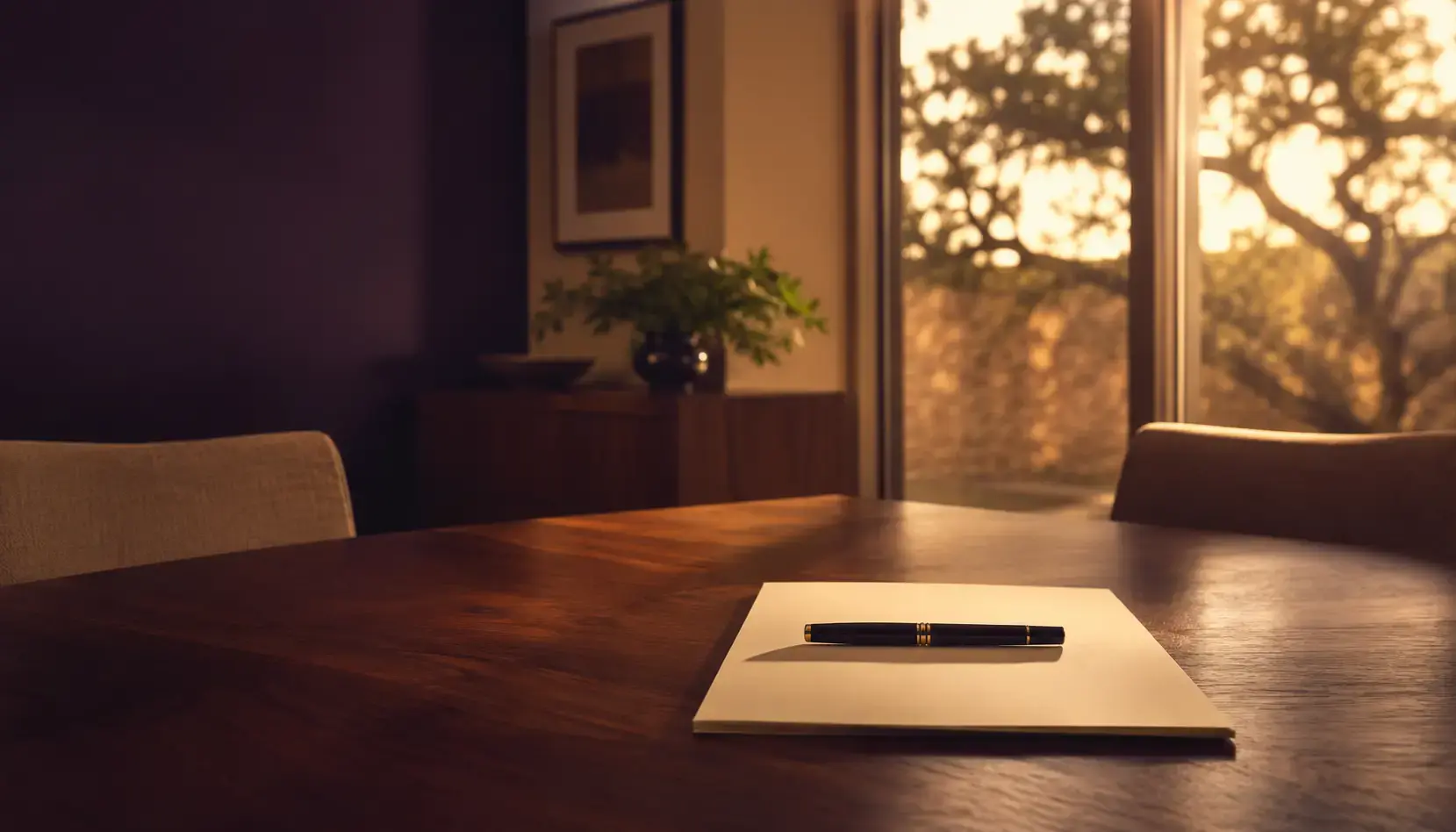 A single fountain pen resting on a blank cream document between two chairs at a walnut table at golden hour