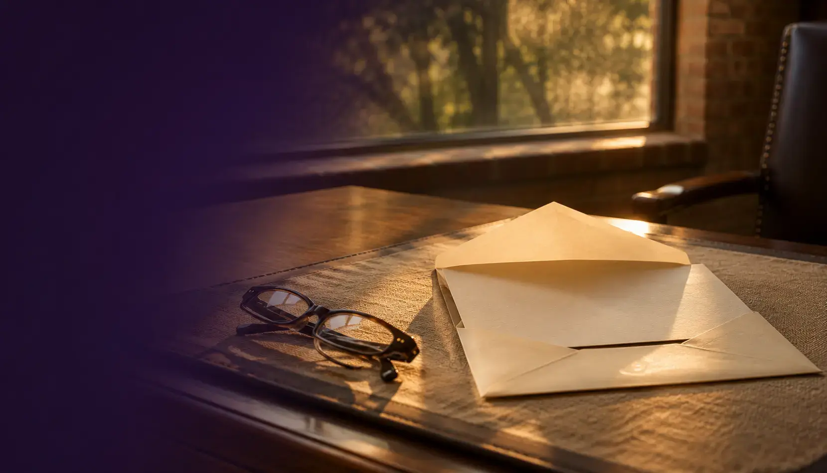 An opened cream envelope and a blank letter sheet beside reading glasses on a walnut desk at golden hour