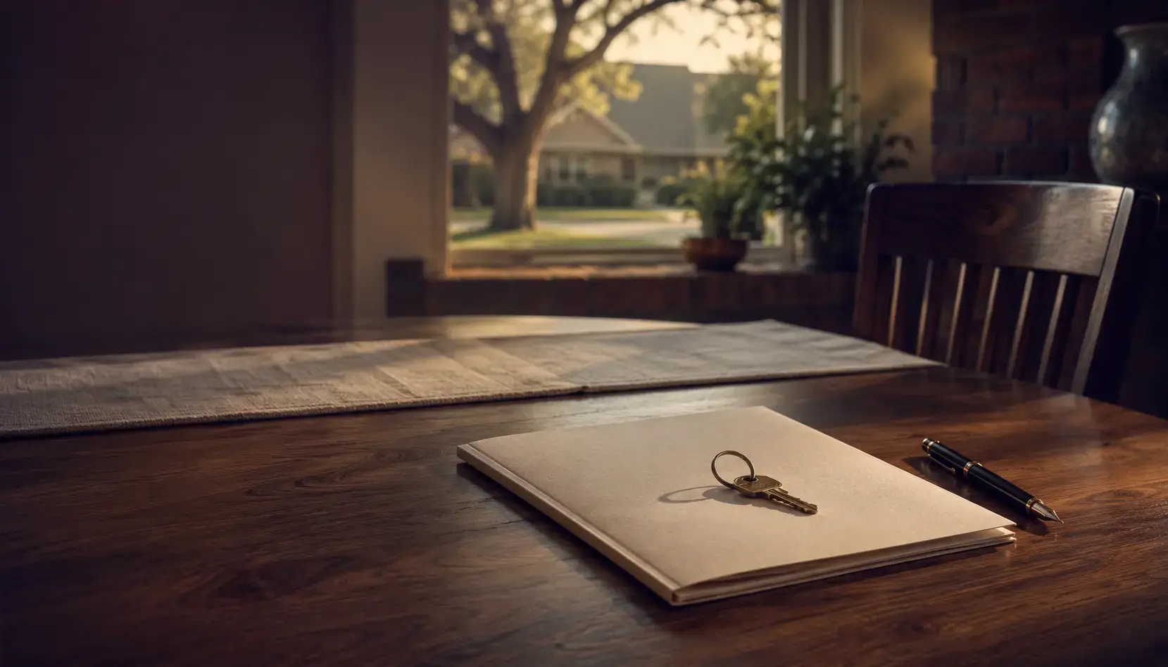 A house key on a brass ring resting on a closed cream policy folder beside a fountain pen on a walnut table at golden hour