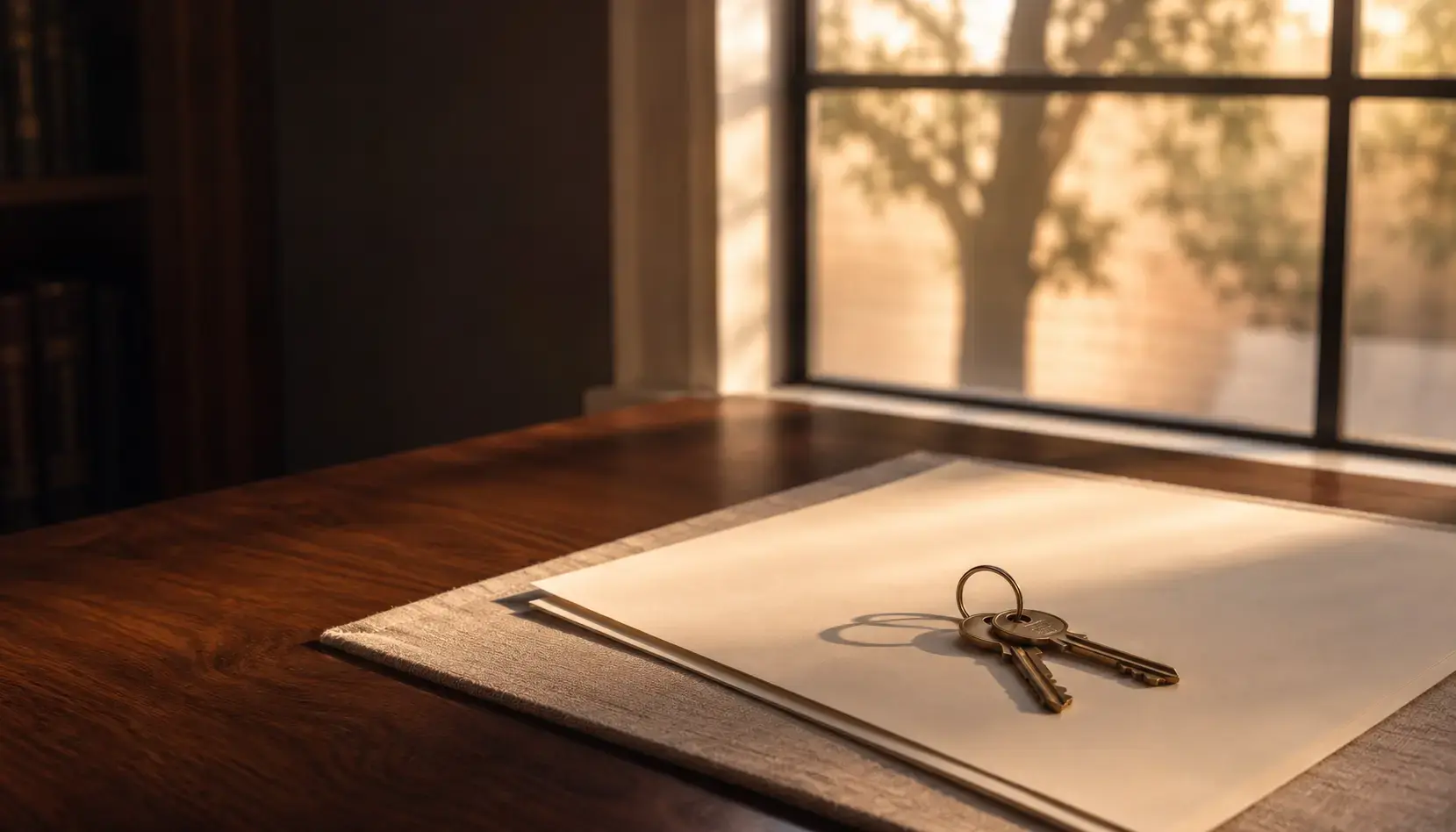 Two brass keys on a ring resting on a blank cream document on a walnut desk at golden hour