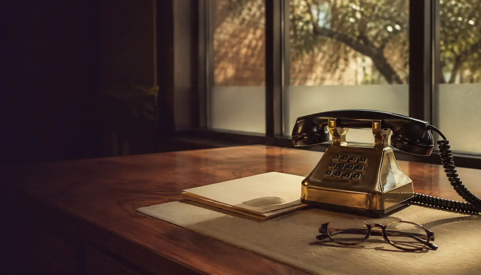 A landline handset resting beside a closed cream folder and reading glasses on a walnut desk at golden hour