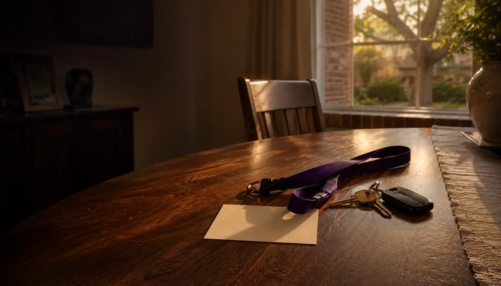 A face down school lanyard beside car keys and a blank membership card on a warm kitchen table at golden hour