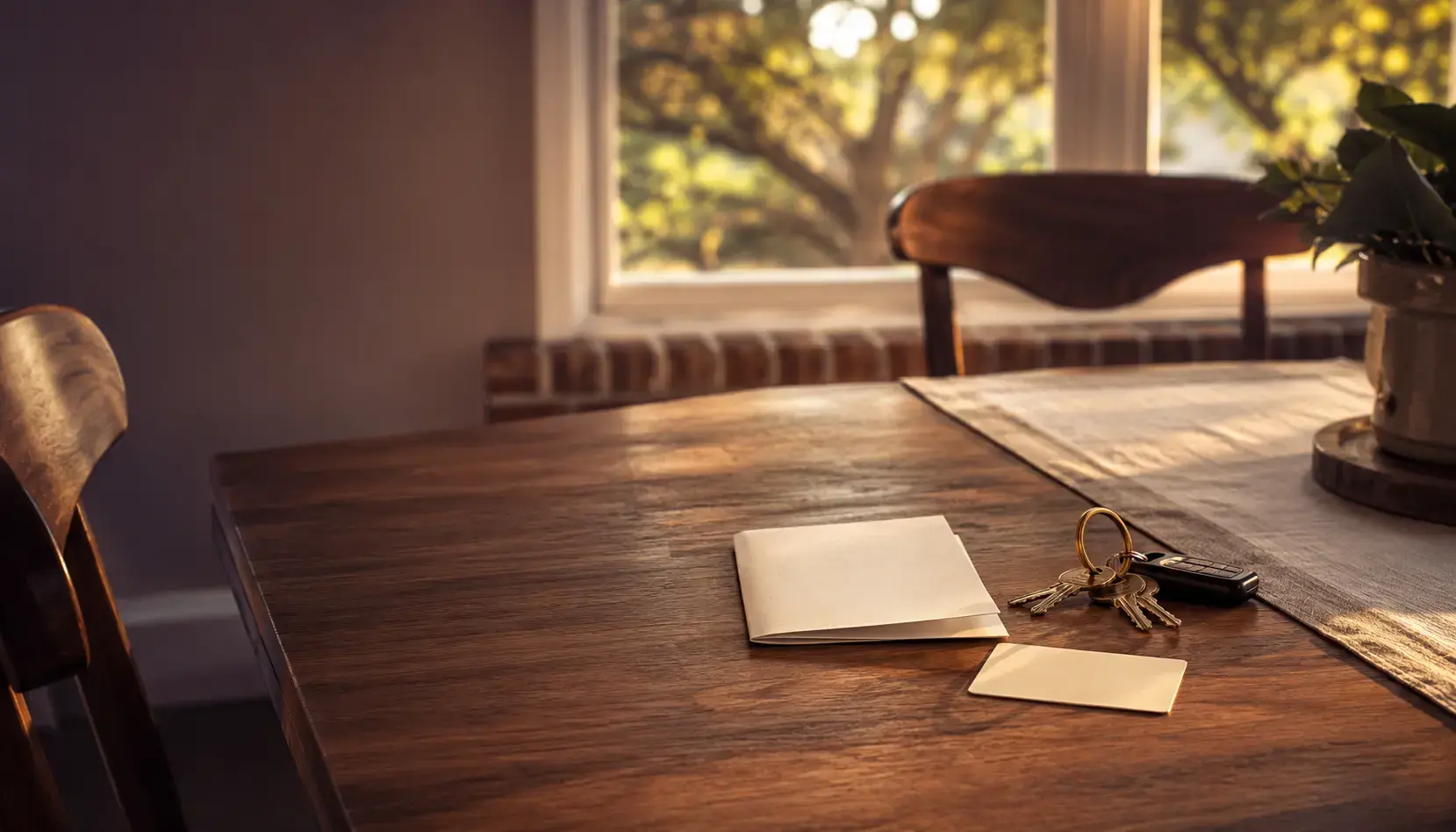 A folded report card beside a learner permit sized blank card and car keys on a walnut kitchen table at golden hour