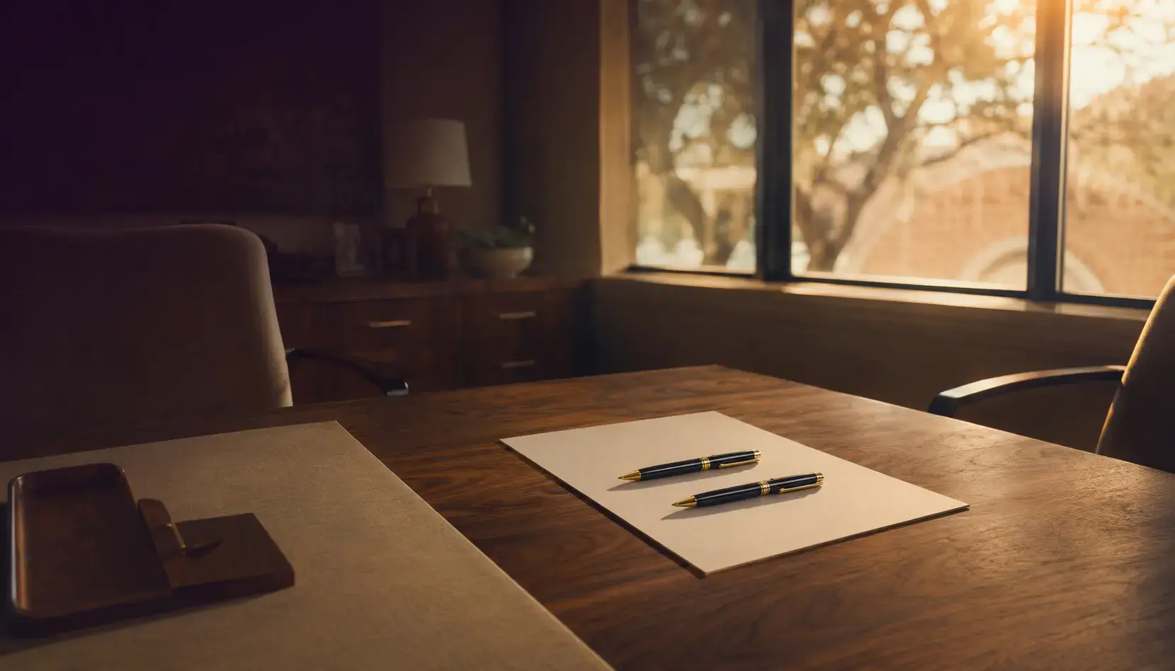 Two matching fountain pens lying parallel on one blank cream sheet on a walnut desk at golden hour