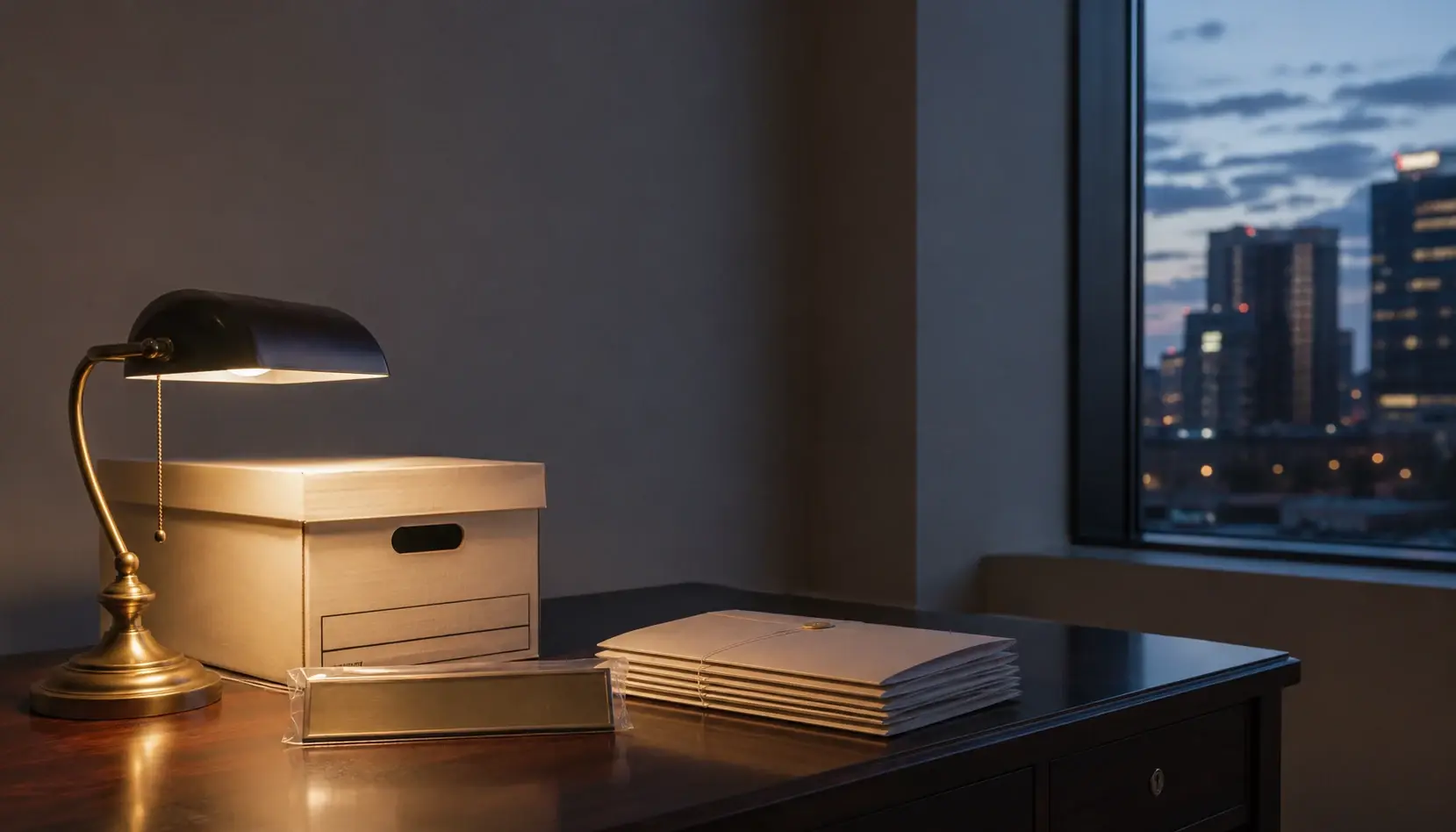 A new law office desk with a single banker's box, a nameplate still in its wrapping, and evening light through the window