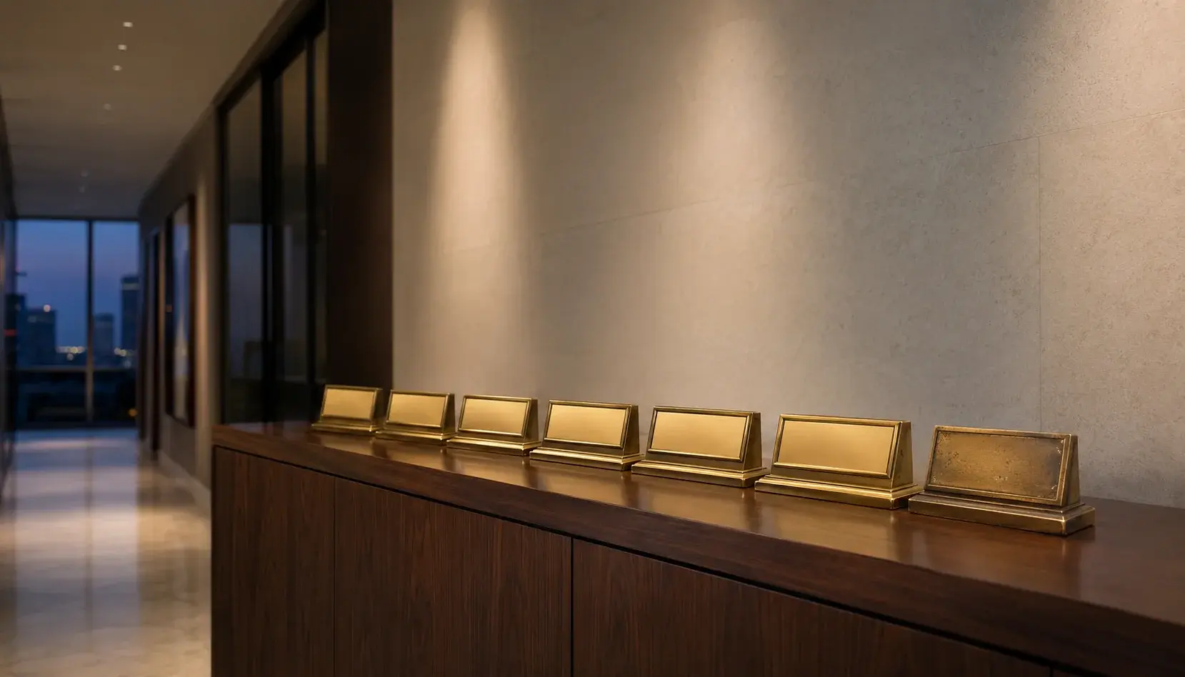A row of new nameplates waiting on a walnut credenza in a growing Houston law office at dusk