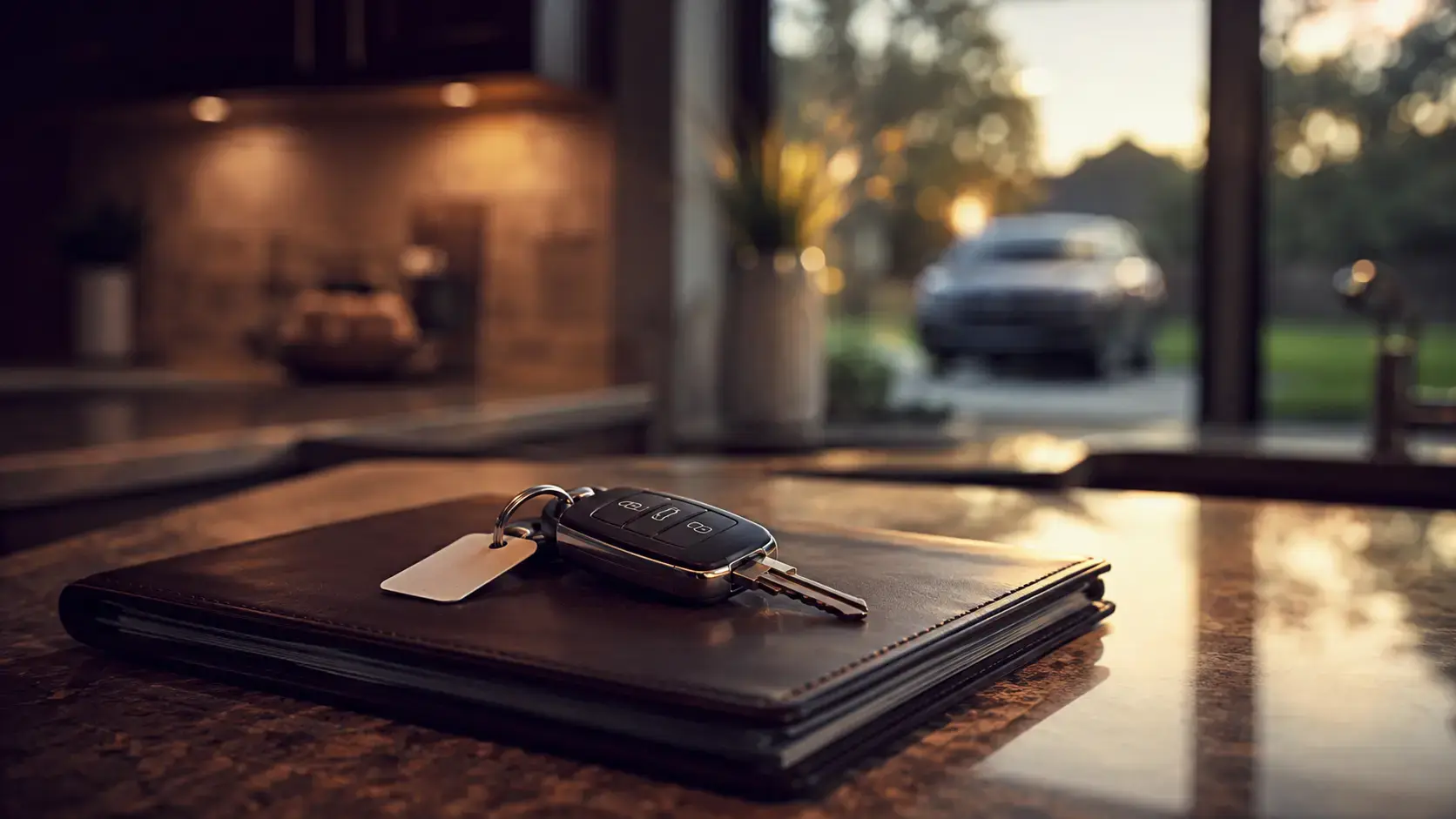 New car keys resting on a folder of purchase paperwork on a Houston kitchen counter at golden hour