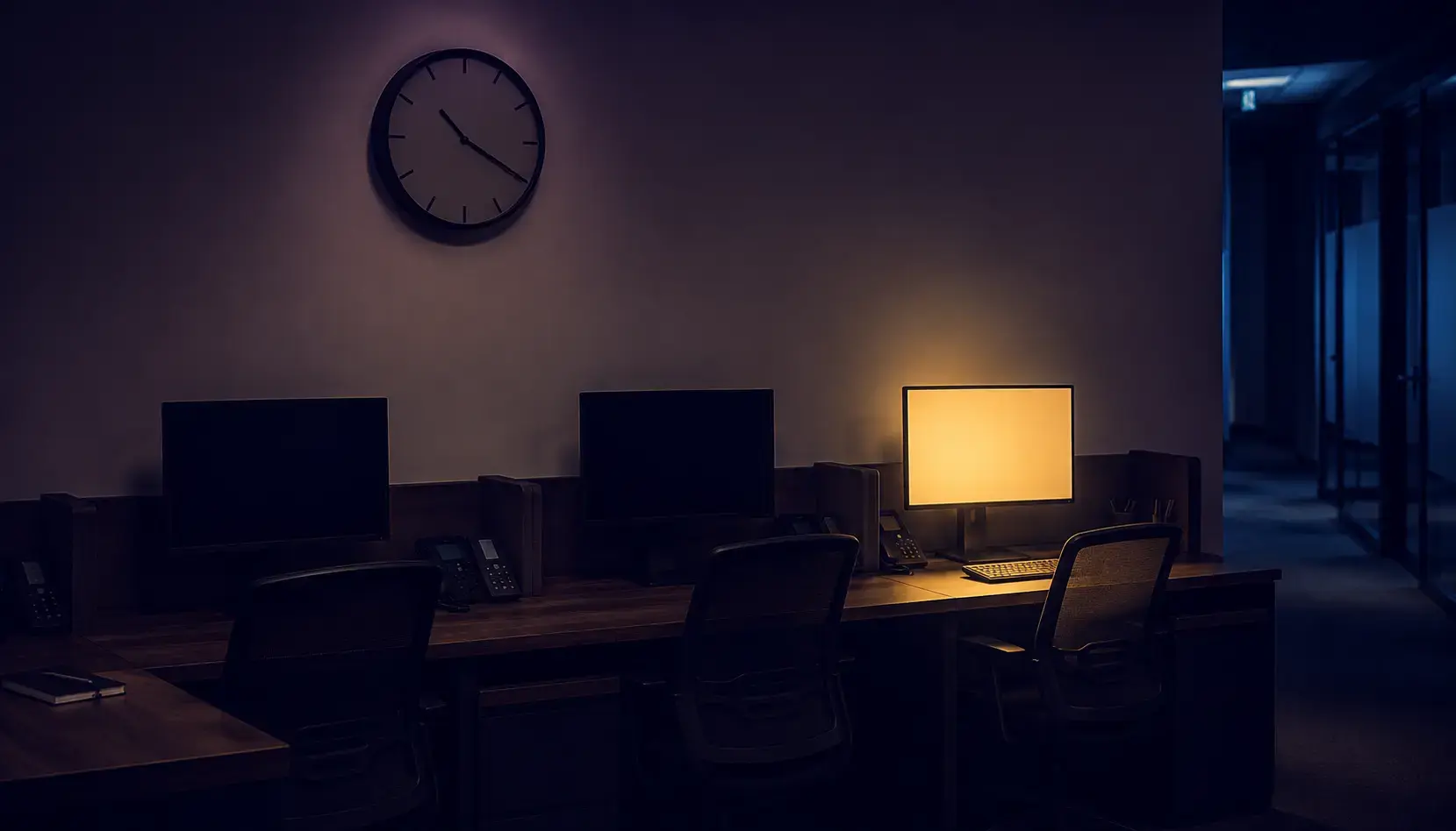 A wall clock above a row of dark law office workstations at the end of the day, one monitor still glowing