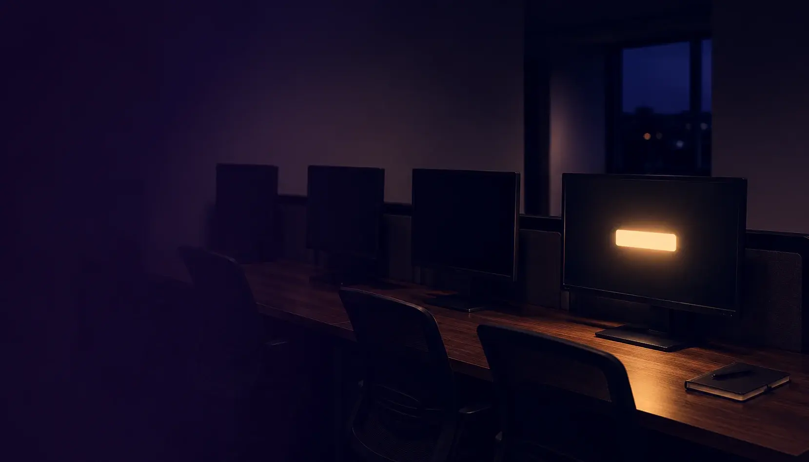 A row of office monitors with one email notification glowing on an otherwise dark screen