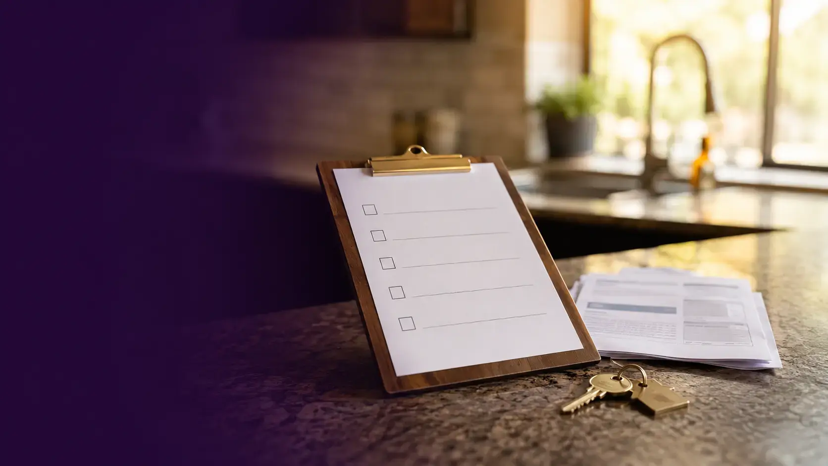 Pre-flight style checklist on a clipboard beside house keys on a Houston kitchen counter at morning light