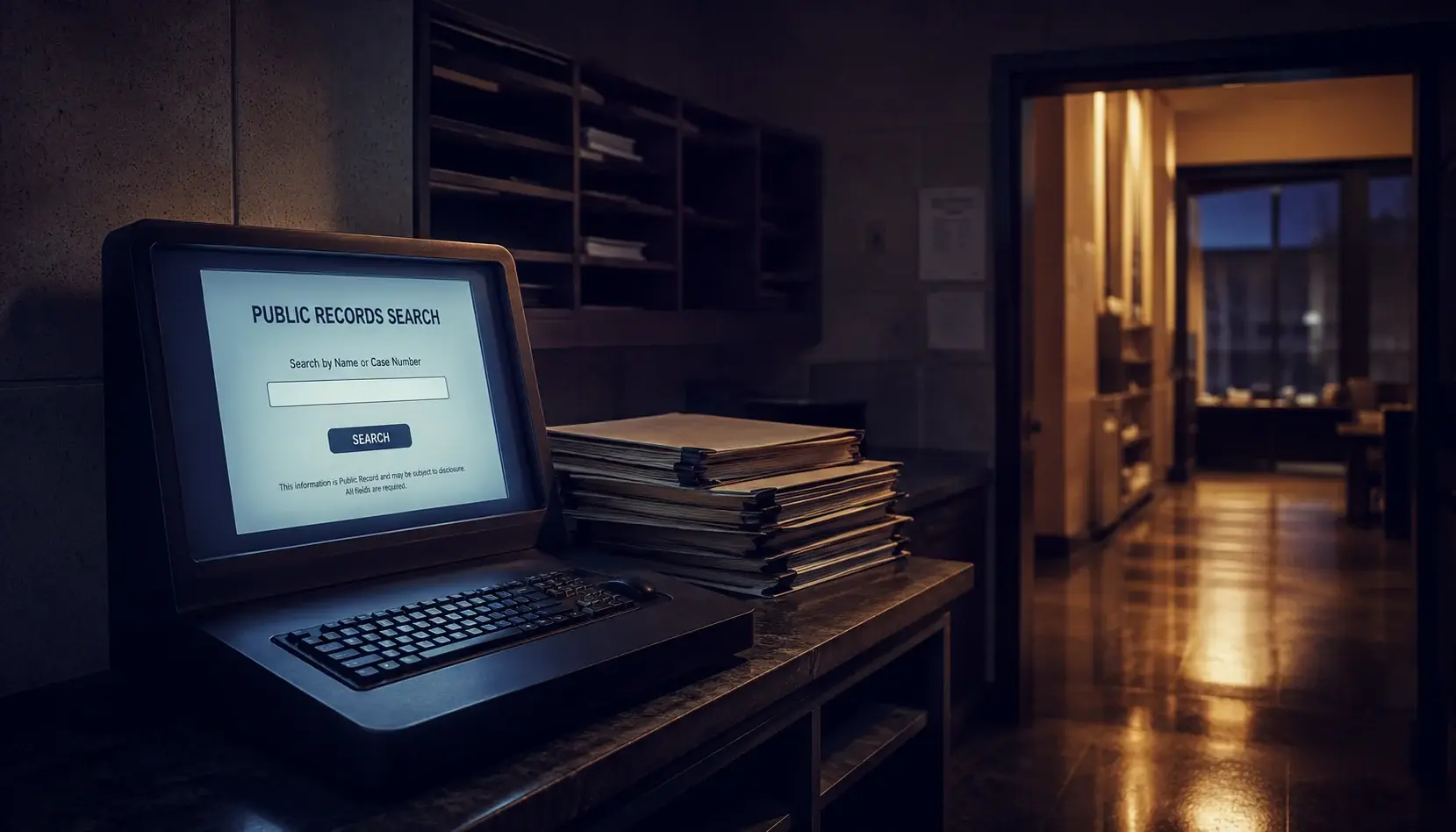 A public records terminal screen glowing in an empty county clerk office at dusk, a stack of case files beside it