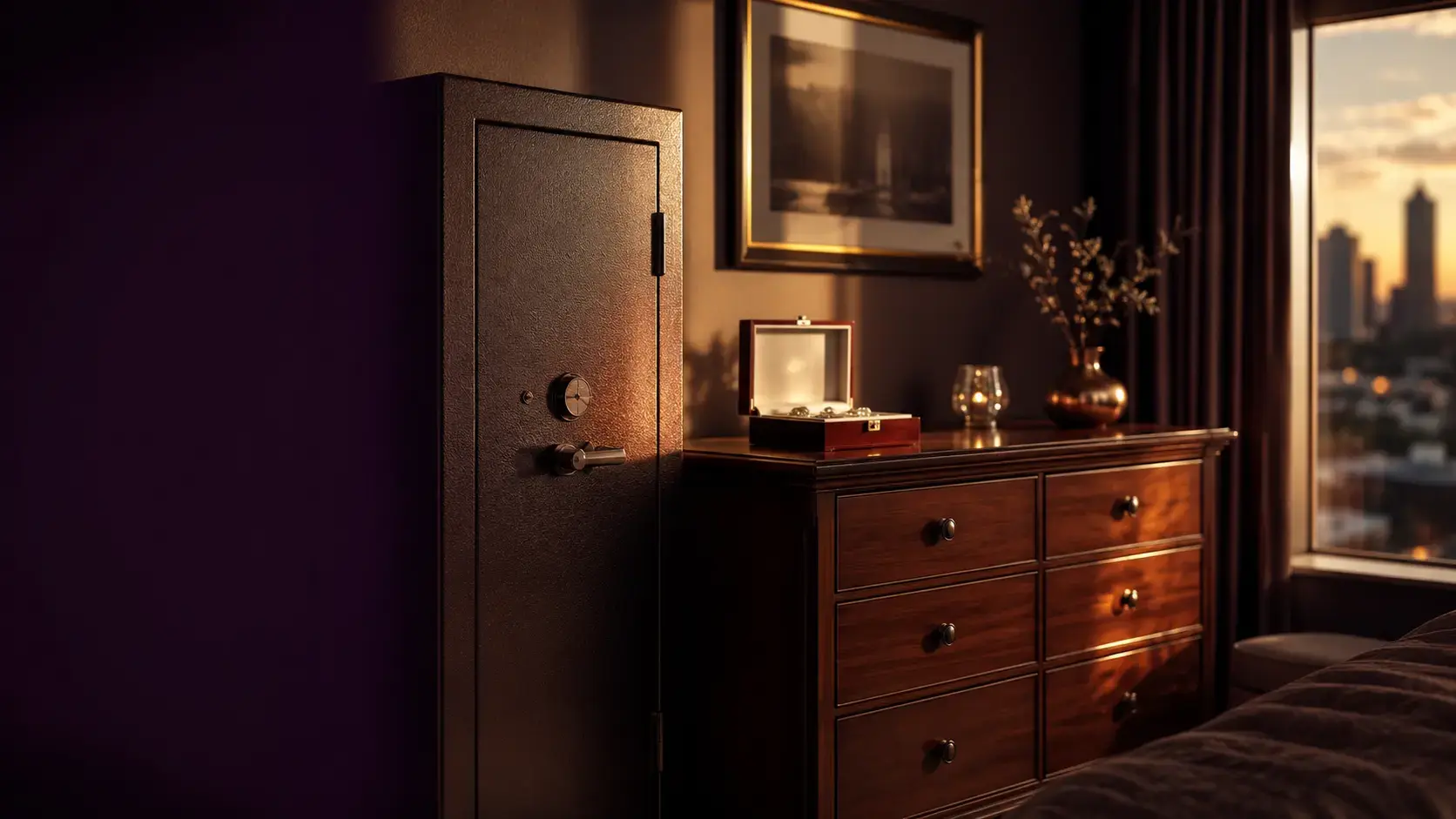 A closed gun safe beside a dresser with a small open jewelry box catching warm evening light in a Houston bedroom